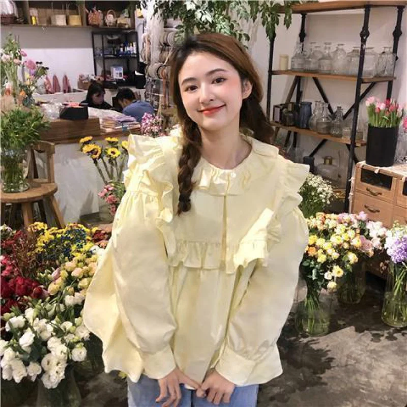

Chic Sweet Western Style Ruffle Top Women's Fall 2024 New Korean Style Loose Solid Color Shirt Coat Fashion