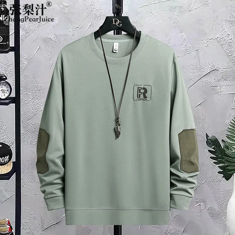 

Army Green Men Round Neck Hoodie Splice Casual Fashion Korean Long Sleeve Bottom Shirt Sweatshirt Crewneck for Men