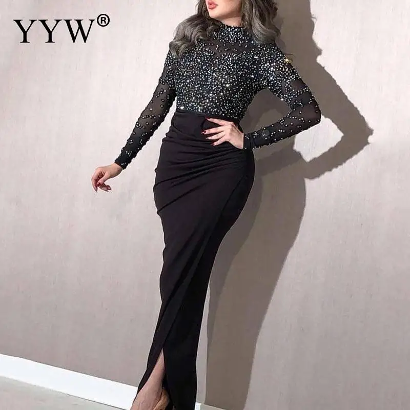 

Autumn Full Sleeve Beading Women Mermaid Long Dress Luxury Maxi Prom Gown Female Formal Night Dinner Mesh Wedding Bride Dresses