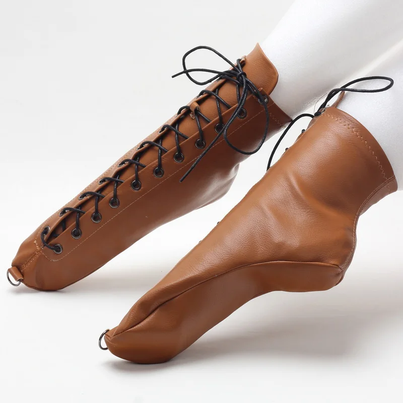 

CACA Soft Leather Women Ballet Boots,Men Cosplay Shoes,Front Lace-up,Heelless Mid Calf Botas,Pedophilia,Brown,White,Dropship