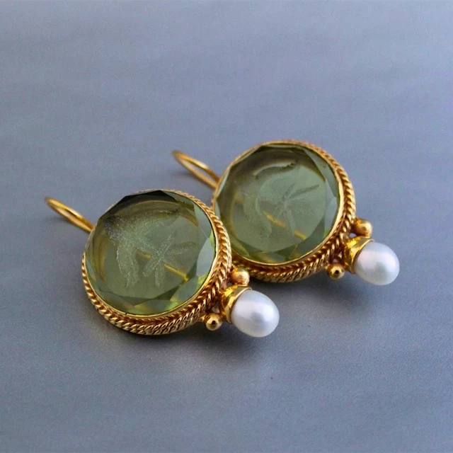 Boucles d'oreilles pendantes vintage en taille-douce pour femmes, perles carrées incrustées, document vert, fête d'anniversaire, bijoux personnalisés antiques, nouvelle tendance, 2024 2