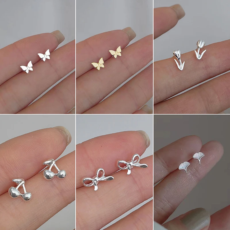 

1Pair Minimalist Silver Needles Ear Studs Tulip Little Cherry Small Love Heart Earrings Women Butterfly Piercing Earring Gifts