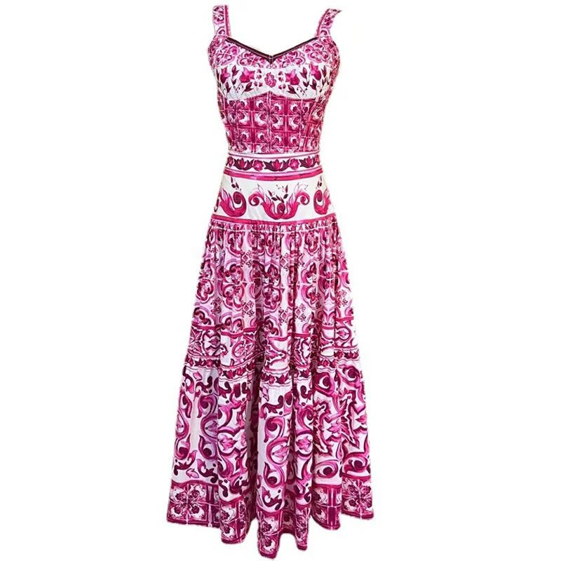 Summer Fashion Designer Women's Vintage Print Big Swing Skirt Suit Sling Camisole + Slash Neck Top 2 Pieces Set
Summer Fashion Designer Women's Vintage Print Big Swing Skirt Suit Sling Camisole + Slash Neck Top 2 Pieces Set