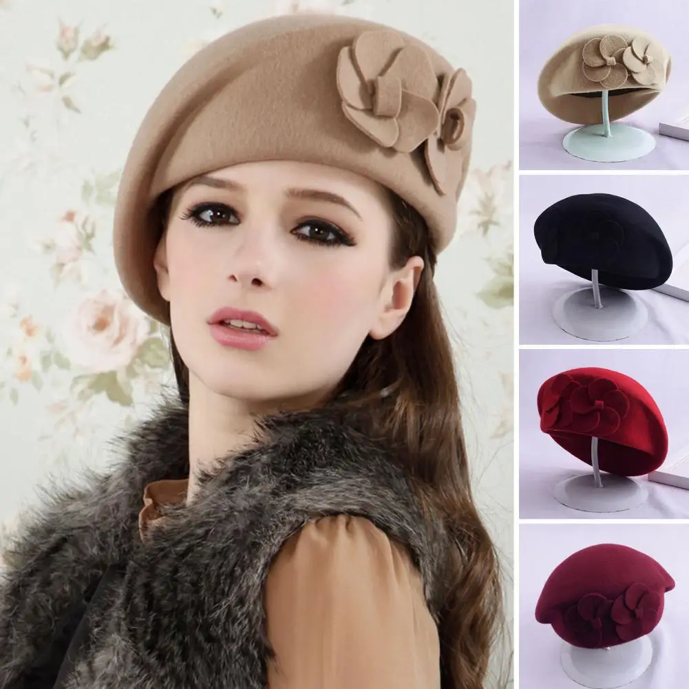 

Cute Women Hat Solid Color Beret Hat Plain Windproof Winter Female French Beanie Cap Cold Resistant