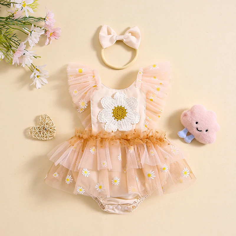 

VISgogo Newborn Baby Girl Romper Dress Outfit Fly Sleeve Flower Embroidery Romper with Bow Hairband 2Pcs Summer Clothes