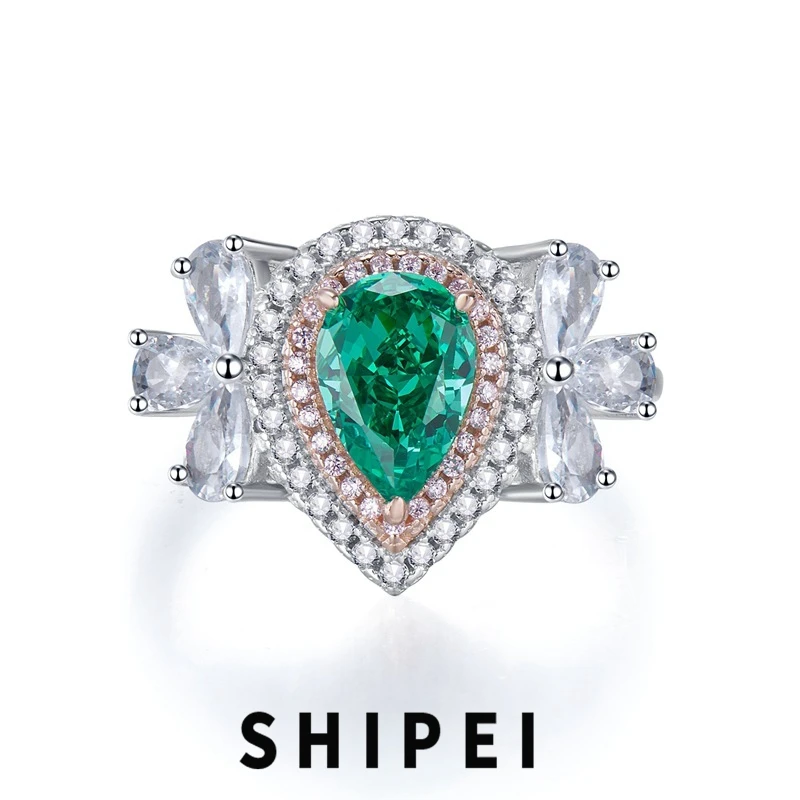 

SHIPEI Luxury 925 Sterling Silver Pear 6*9 MM Paraiba Tourmaline White Sapphire Gemstone Fine Jewelry Vintage Ring Wholesale
