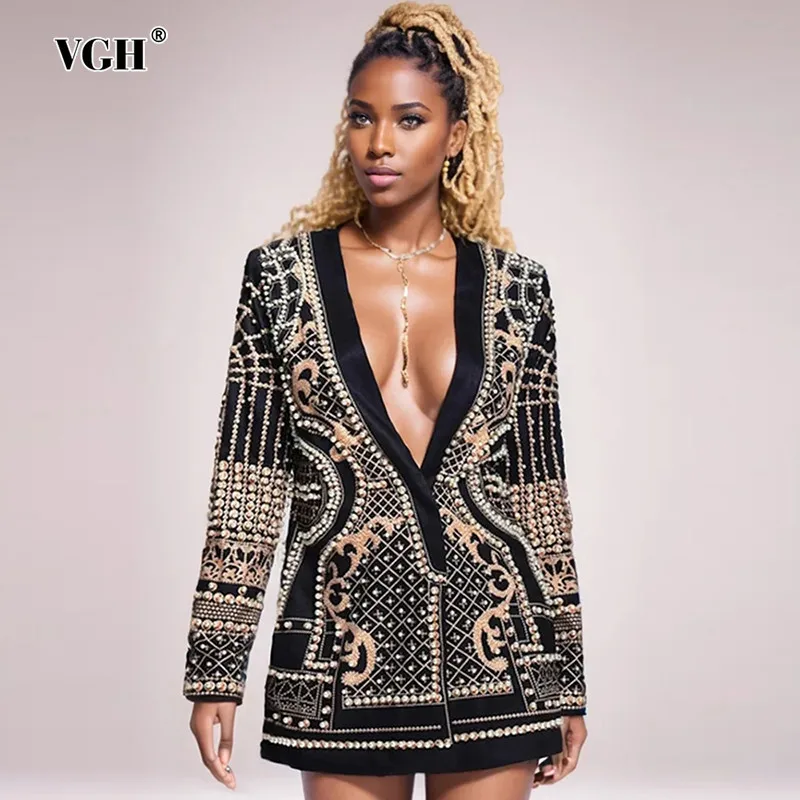 

VGH Hit Color Printing Patchwork Pearls Blazers For Women Notched Collar Long Sleeve Loose Casual Blazer Female Fahion Style New