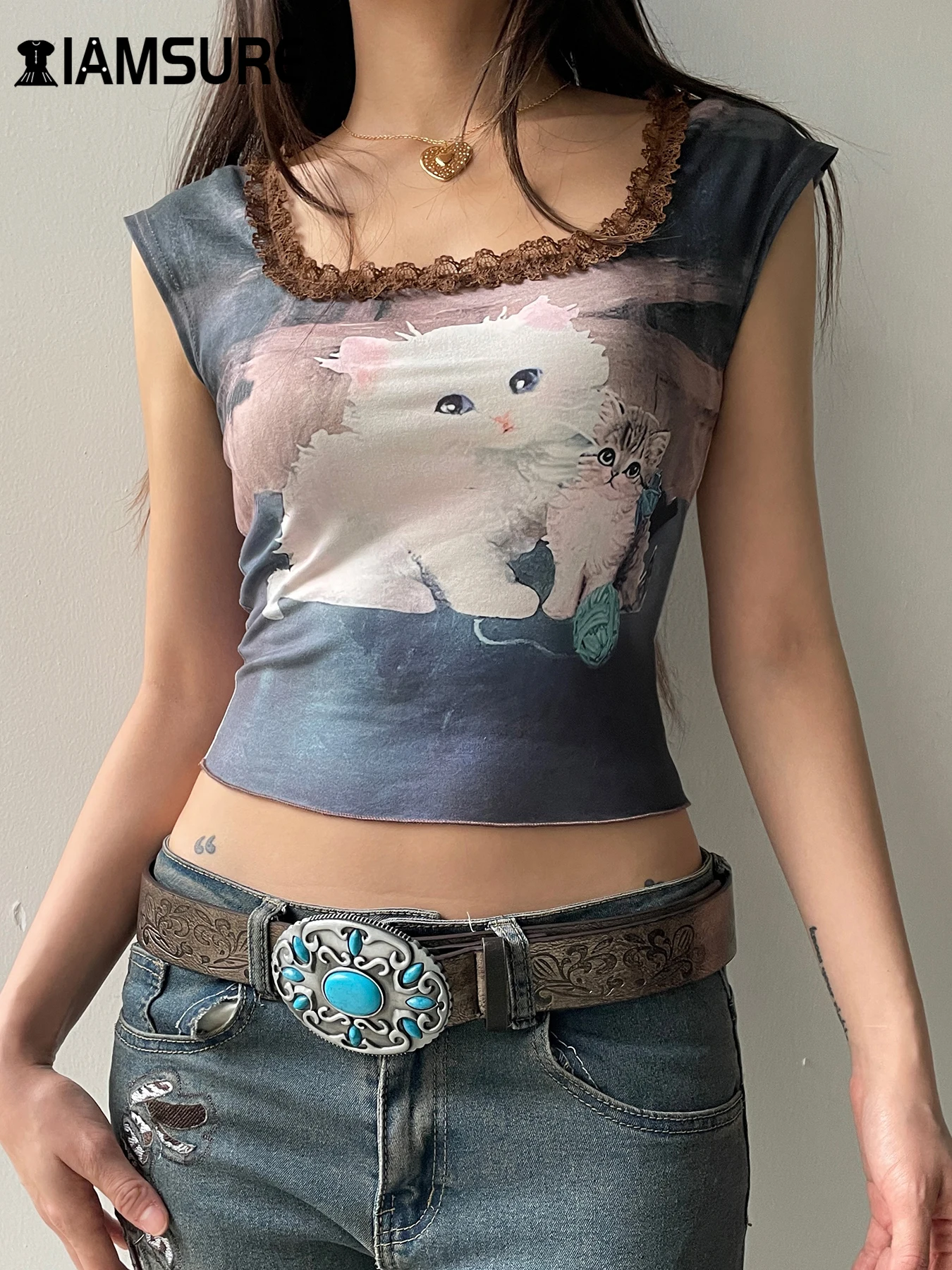 

IAMSURE Casual Lace Trim Cat Printed Cropped T Shirt Slim Square Collar Sleeveless Tees Women 2024 Summer Fashion Streetwear