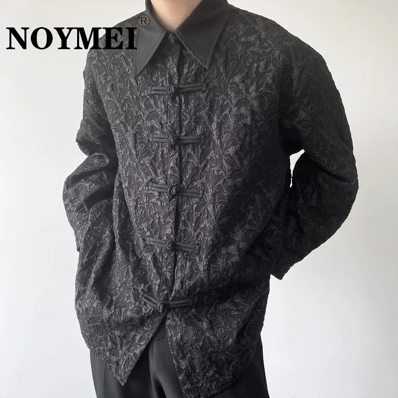 

NOYMEI Personalized Jacquard New Chinese Style Buckle Design Long Sleeved Turn-down Collar Shirt Black Men Top Chic WA4252
