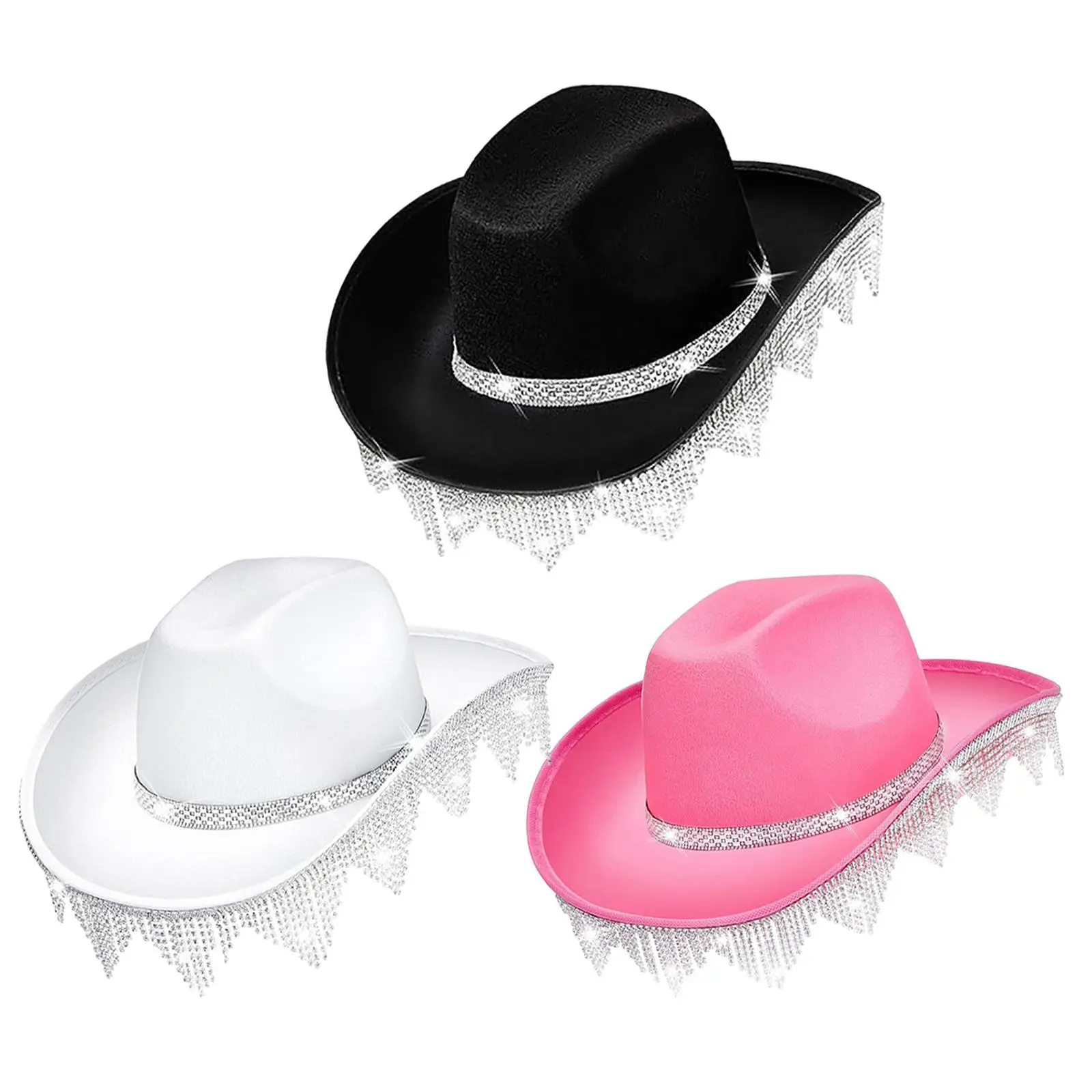 

Western Rhinestones Tassels Cowboy Hat Jazz Cap Wide Brim Hat Cowgirl Hat for Masquerade Props Fancy Dress Carnivals