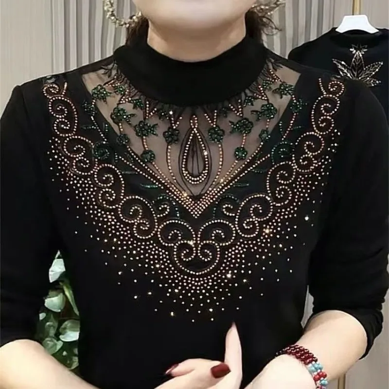2023 Autumn and Winter Women's Pullover Half High Neck Lace Hollow Out Rhinestone Slim Underlay Fashion Casual Long Sleeve Tops
2023 Autumn and Winter Women's Pullover Half High Neck Lace Hollow Out Rhinestone Slim Underlay Fashion Casual Long Sleeve Tops