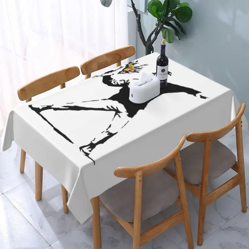

Rectangular Rage Flower Bomber Stencil Table Cover Fitted Banksy Street Grafitti Art Table Cloth Backed Tablecloth for Dining