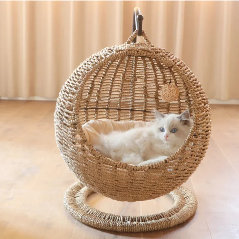 

Web Celebrity Style Semi-closed Pet Hammock For Cats Round Cat's House Rattan Woven Summer Cat Hammock Cat Supplies