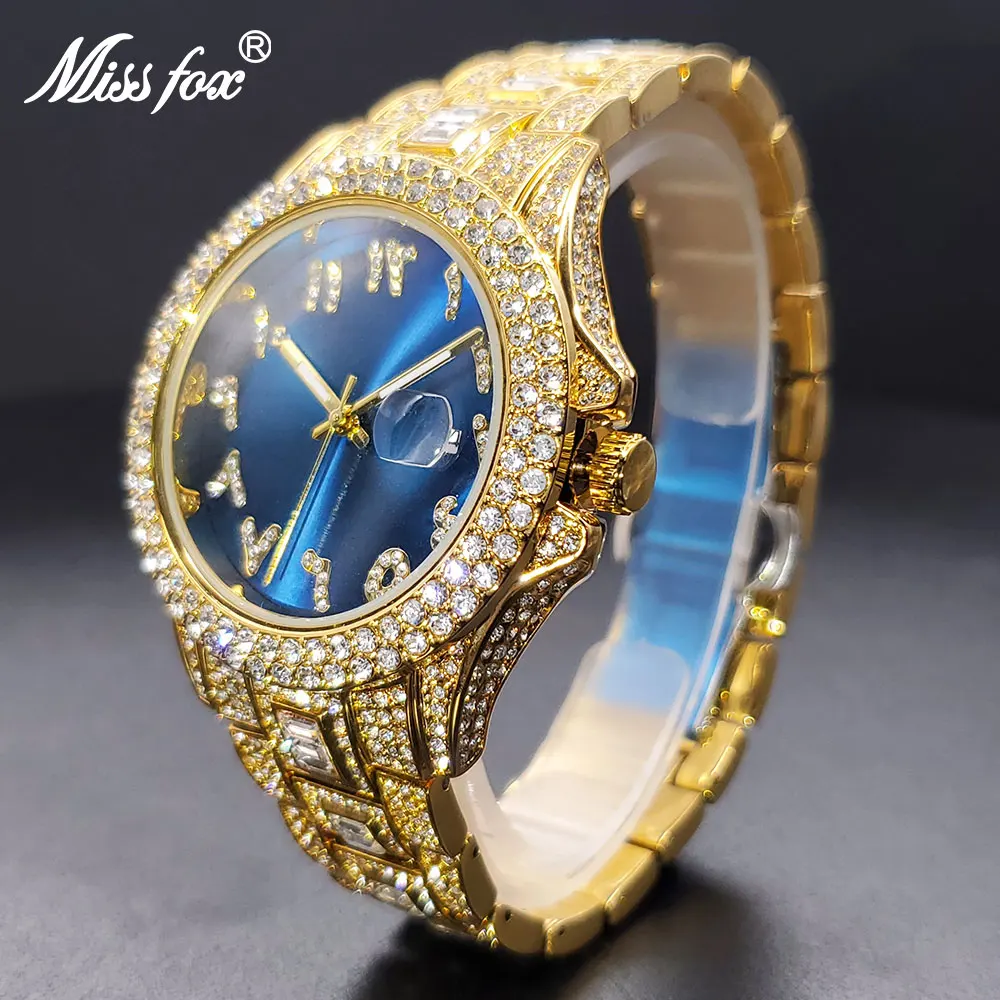 

ساعات يد مقاومة للماء Gold Men's Watch Blue Dial Diamond Luxury Big Wrist Quartz Watches Bracelet Baguette Look Like Expensive