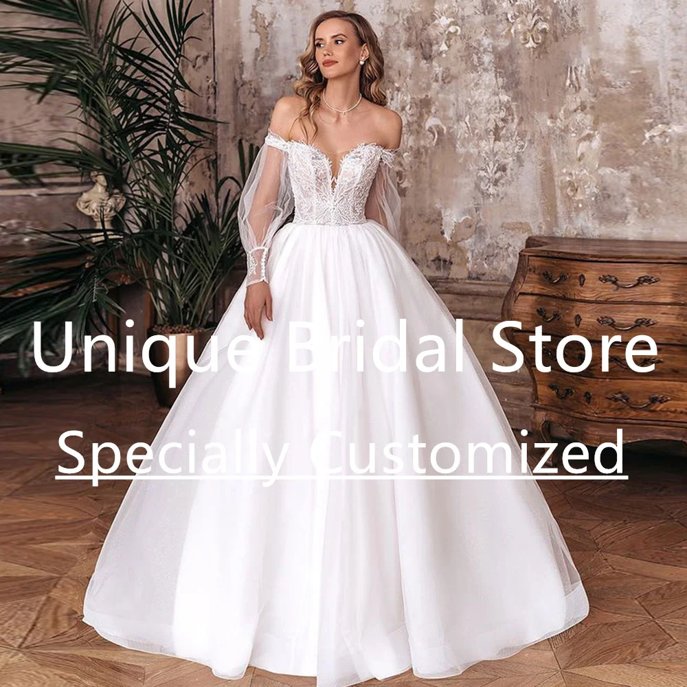 

A-Line Bridal Gown Off The Shoulder Sweetheart Lace-up 3/4 Long Sleeve Applique Organza Brush Train Romantic Vestido De Noiva