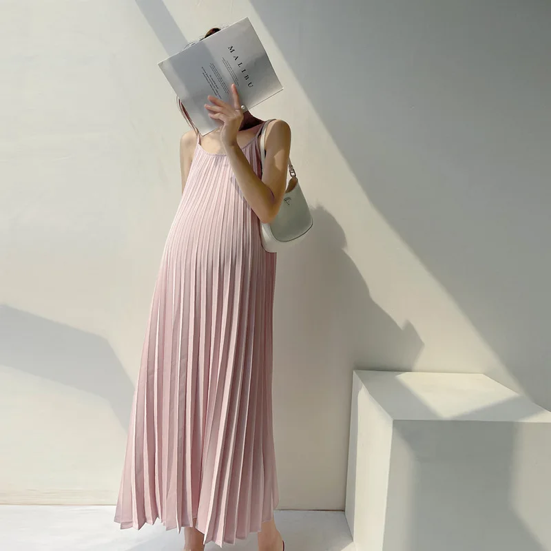 

Летнее новое платье для беременных женщин свободное стройнящее Плиссированное шифоновое платье в Корейском стиле Элегантное Длинное платье большого размера