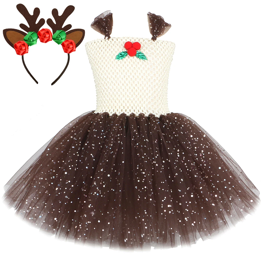 

Sparkly Brown Christmas Costumes for Baby Girls Reindeer Tutu Dress for Kids Toddler Xmas Figgy Pudding Outfit New Year Clothes