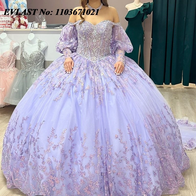 

EVLAST Lavender Quinceanera Dress Ball Gown Lace Applique Beaded Tiered Ruffles Corset Sweet 16 Vestidos De XV 15 Anos SQ120
