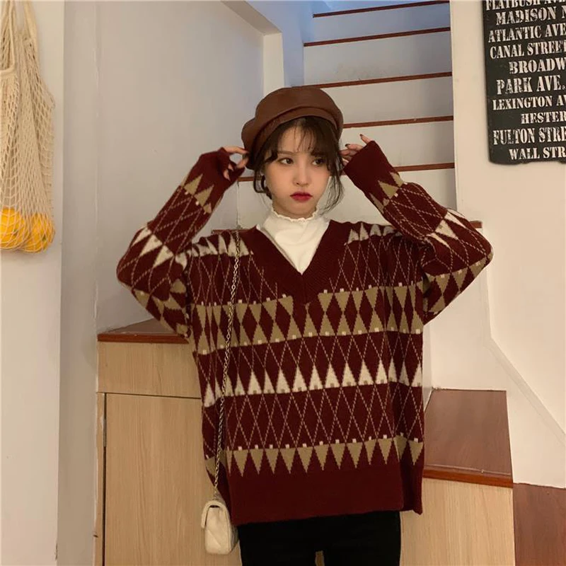 

Vintage Pullovers Harajuku Sweaters Women Argyle V-Neck Loose Y2k Autumn Winter Casual Korean Lazy Wind Students Tops New
