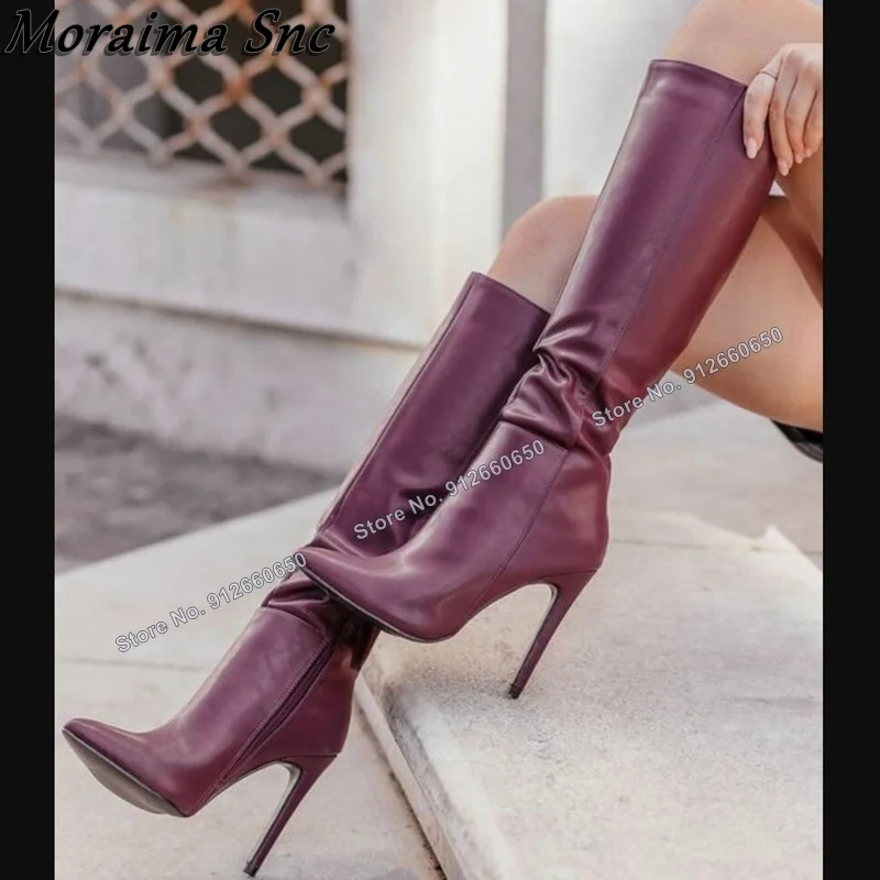 

Moraima Snc Solid Side Zipper Matte Leather Boots for Women Knee High Boots Stilettos High Heels Fashion Runway Shoes on Heels