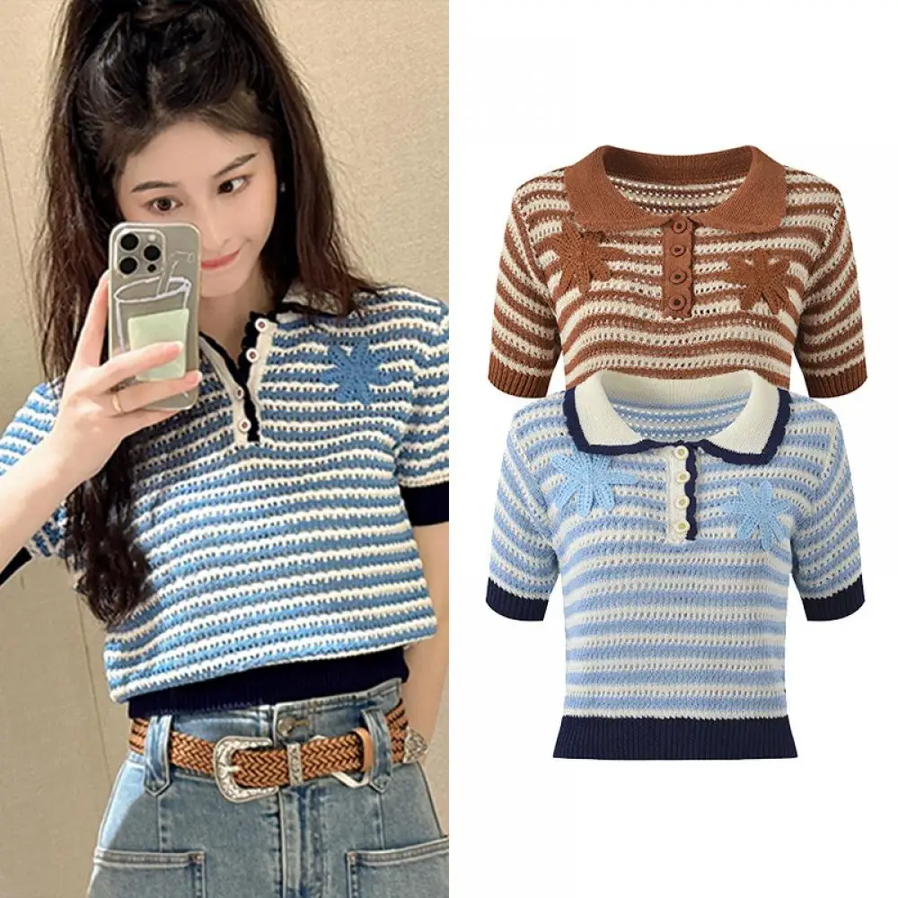 Blue Striped Hollow Knitted Pullovers Top Tees 2024 Summer New Flip Collar Sweet Flower Hooked T-Shirt Female Fashion Korean
Blue Striped Hollow Knitted Pullovers Top Tees 2024 Summer New Flip Collar Sweet Flower Hooked T-Shirt Female Fashion Korean