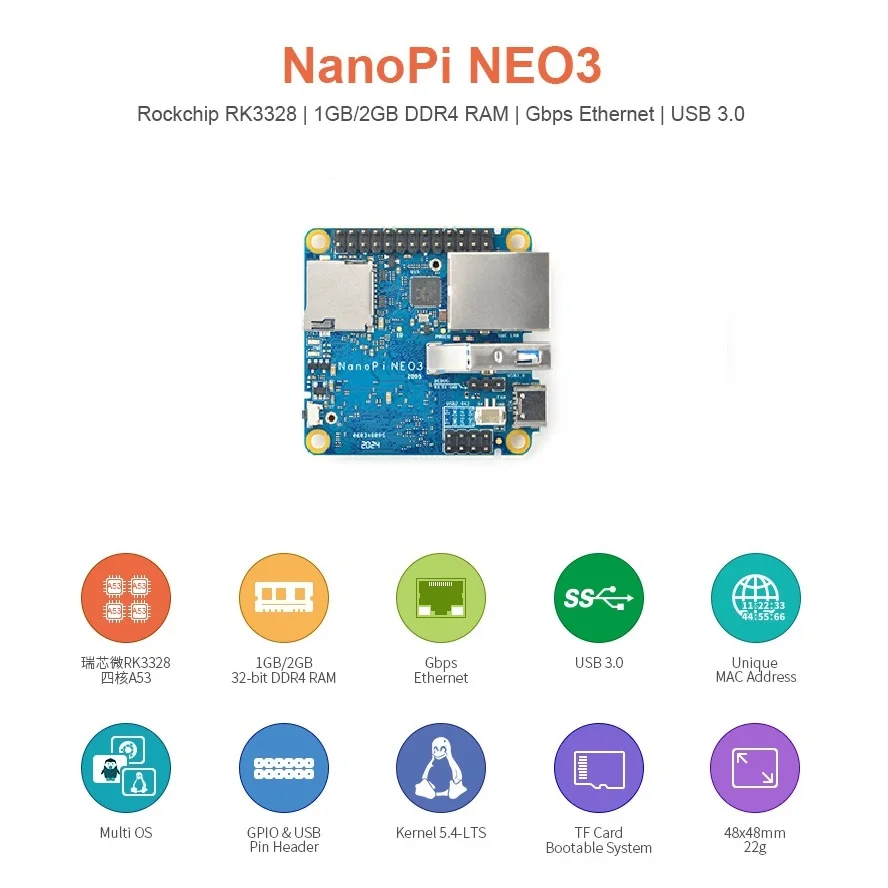 

NanoPi Neo3 LTS 1G/2G 32bit DDR4 RAM Rockchip RK3328 Quad Cortex-A53 Up to 1.3GHz,1GB Ethernet,USB3.0 OpenWRT,Ubuntu,Multi,Lunix