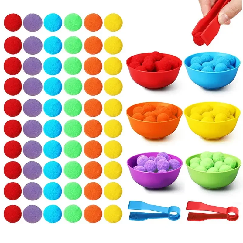 Children's counting and classification toy set, 60 plush balls, 6 rainbow colors, plastic bowl with 2 pliers, fine motor skills
Children's counting and classification toy set, 60 plush balls, 6 rainbow colors, plastic bowl with 2 pliers, fine motor skills
