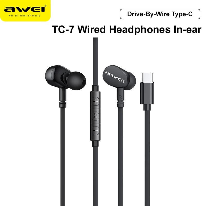Awei TC-7 Wired Headphones In-ear Earphones Type-C Sport Headset For Phone Stereo USB C Plug Bass Earbuds With Microphone
Awei TC-7 Wired Headphones In-ear Earphones Type-C Sport Headset For Phone Stereo USB C Plug Bass Earbuds With Microphone
