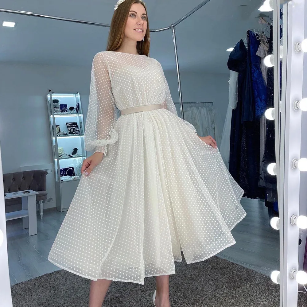 2023 Charming Long Puff Sleeves Dot Tulle Wedding Dresses With Belt Mid Calf For Women Bridal Gowns A Line Robe De Mariee Custom
2023 Charming Long Puff Sleeves Dot Tulle Wedding Dresses With Belt Mid Calf For Women Bridal Gowns A Line Robe De Mariee Custom