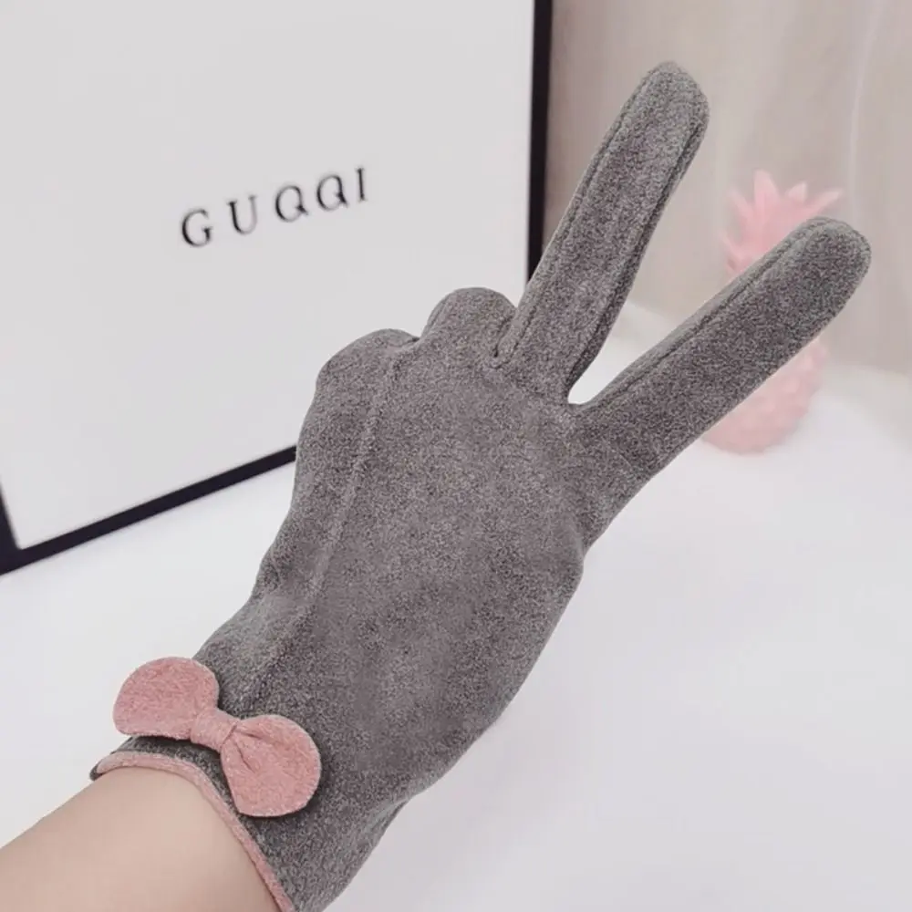 

Touch Screen Winter Bow Gloves Cute Five Finger Bowknot Plush Driving Gloves Korean Style Warm Outdoor Riding Mittens Outdooor