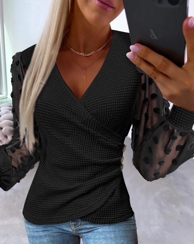 

Fashion Woman Blouse 2023 Spring Polka Dot Ruched Patch Knit Casual Plain V-Neck Long Sleeve Skinny Daily Semi-Sheer Overlap Top