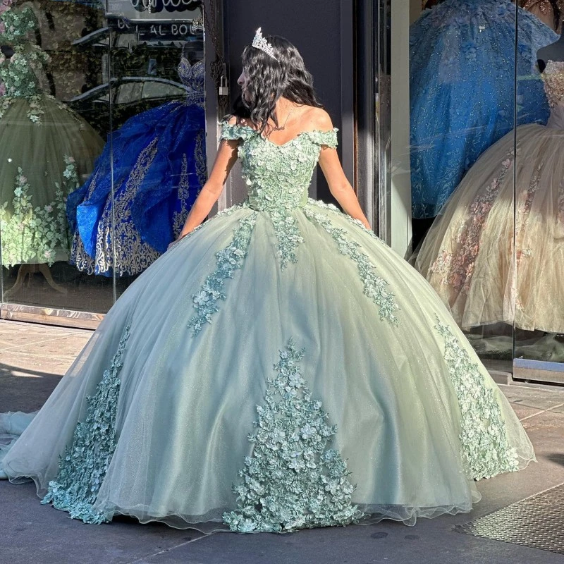 

Fashion Sage Green Quinceanera Dresses 3D Handmade Lace Applique Mexican Girls Prom Gowns Floral Pageant Vestido De 15 Años