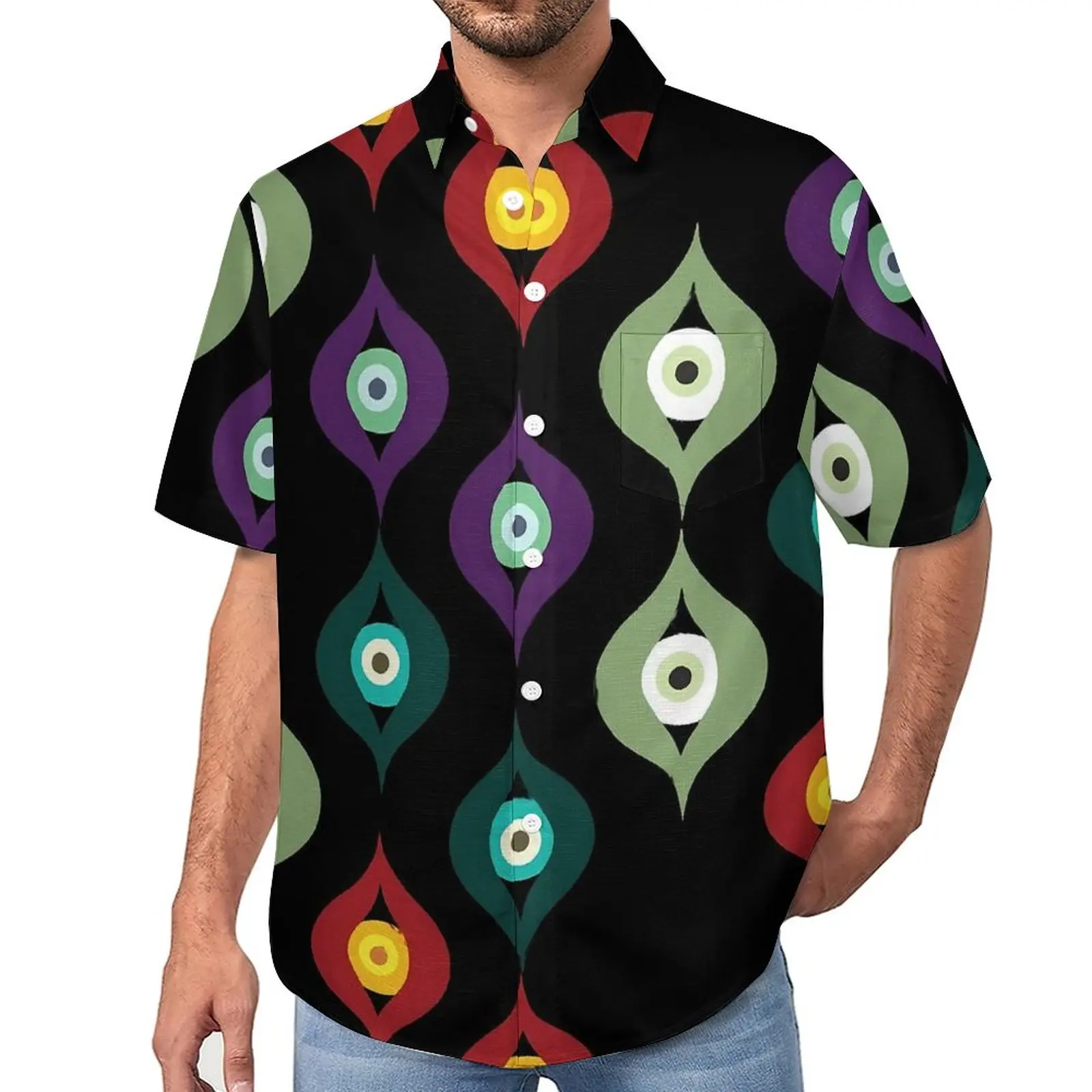 

Evil Eye Print Vacation Shirt Colorful Eyes Summer Casual Shirts Man Street Style Blouses Short-Sleeve Graphic Clothes Plus Size