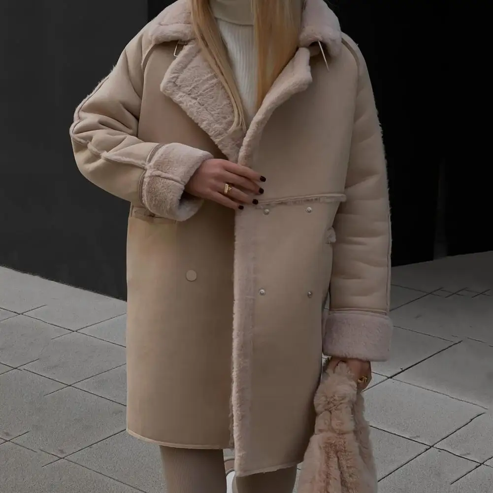 

Пальто из искусственного меха женское плюшевое пальто с лацканами воротник с вырезом двубортные карманы средней длины с длинным рукавом для защиты от ветра на осень