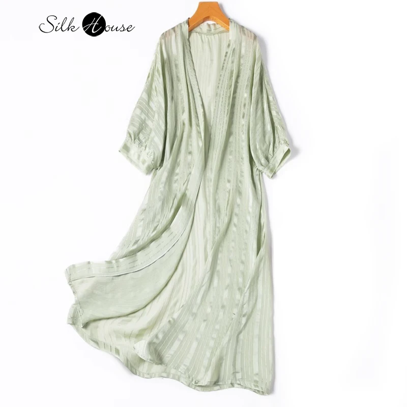 

Elegant and Breathable! 100%Natural Mulberry Silk Satin Striped Yarn Raglan Batwing Sleeves Loose Green Sunscreen Shawl