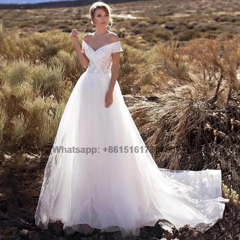 

V-Neck Lace Applique Wedding Dress Off The Shoulder Short Sleeve Tulle Bridal Gown A-Line Backless Court Train Vestidos De Novia
