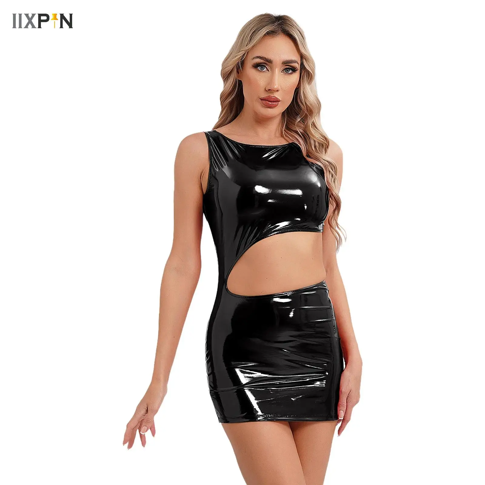 

Womens Latex Mini Dress Wetlook Patent Leather Cutout Bodycon Dress Gothic Punk Rave Disco Party Clubwear Pole Dancing Costumes