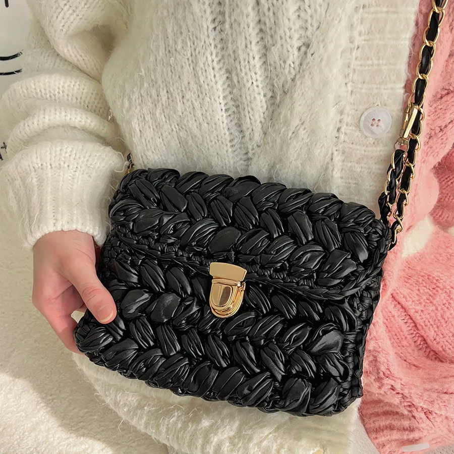 

Candy Color Knitting Shoulder Bag Handmade Crochet Crossbody Bags for Women Glossy Woven Purses and Handbags Chains Phone Flap