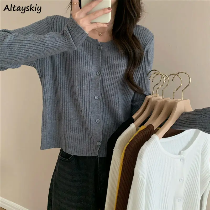 

Cropped Tops Long Sleeve Loose Trendy Cardigan Women Basic Single Breasted O-neck Ulzzang Knitted Sweaters Daily Solid Leisure