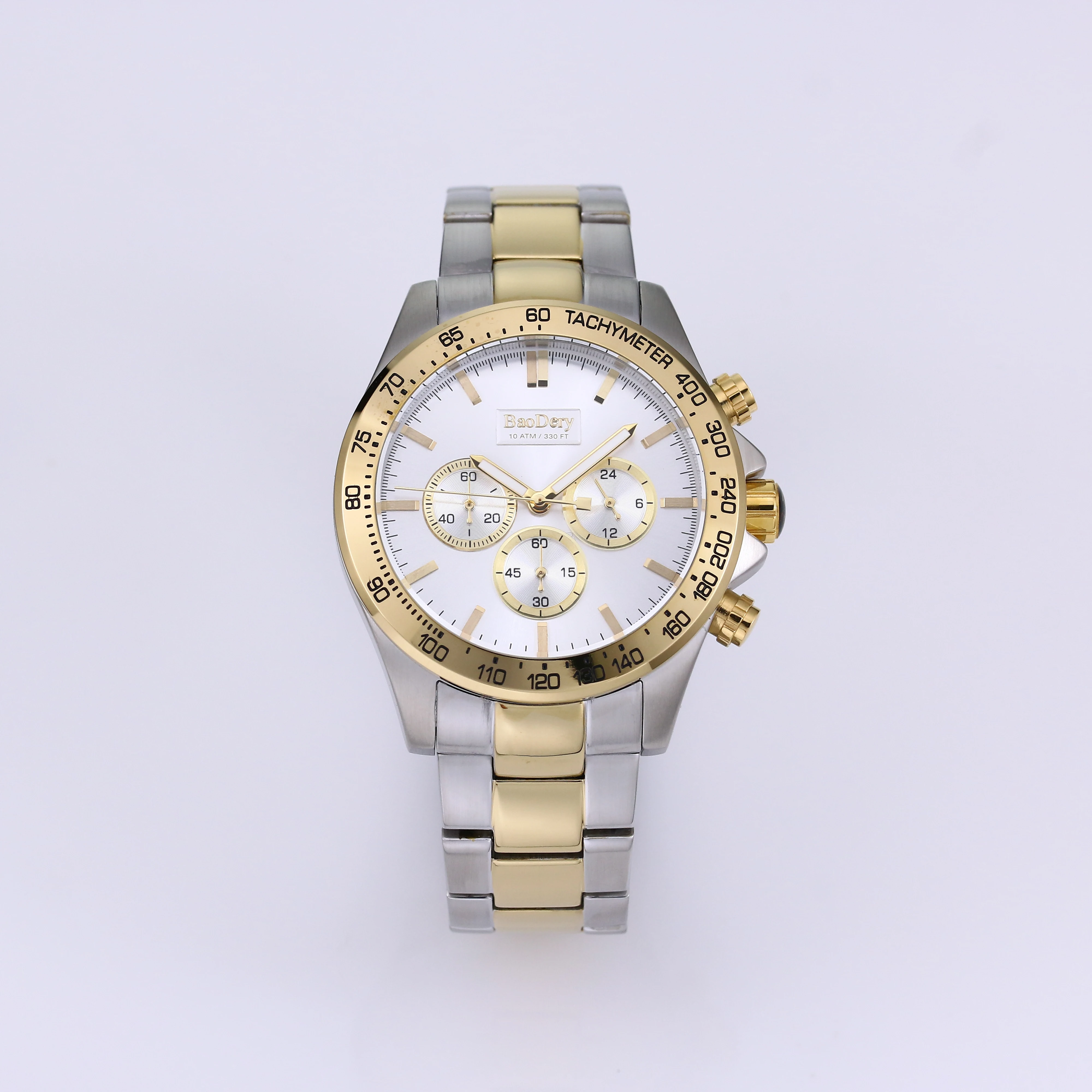 

Subtly Refined, Clearly Precise - This 43mm Men's Watch with White Dial, Steel Band and Golden Trim!