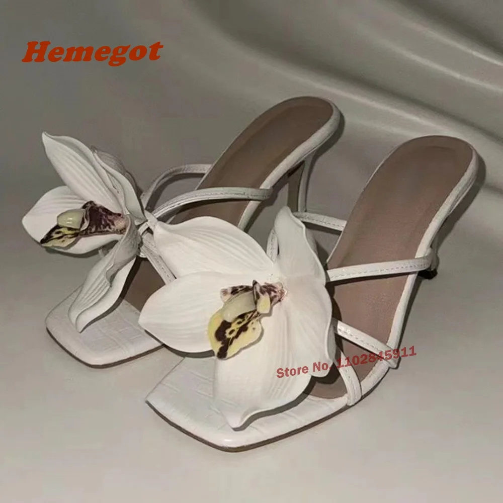 

White Flower Sandals Square Toe Stiletto Heels Slip On Women's Sandals Newest 2024 Summer Elegant Luxury Shoes Outside Patchwork