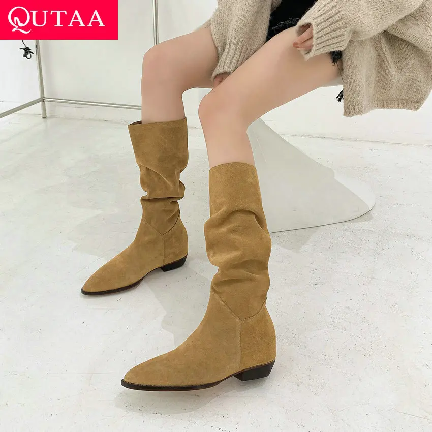 

QUTAA 2024 Fashion Women Mid-Calf Boots Cow Suede Leather Pointed Toe Thick Heels Autumn Winter Casual Shoes Woman Size 34-39