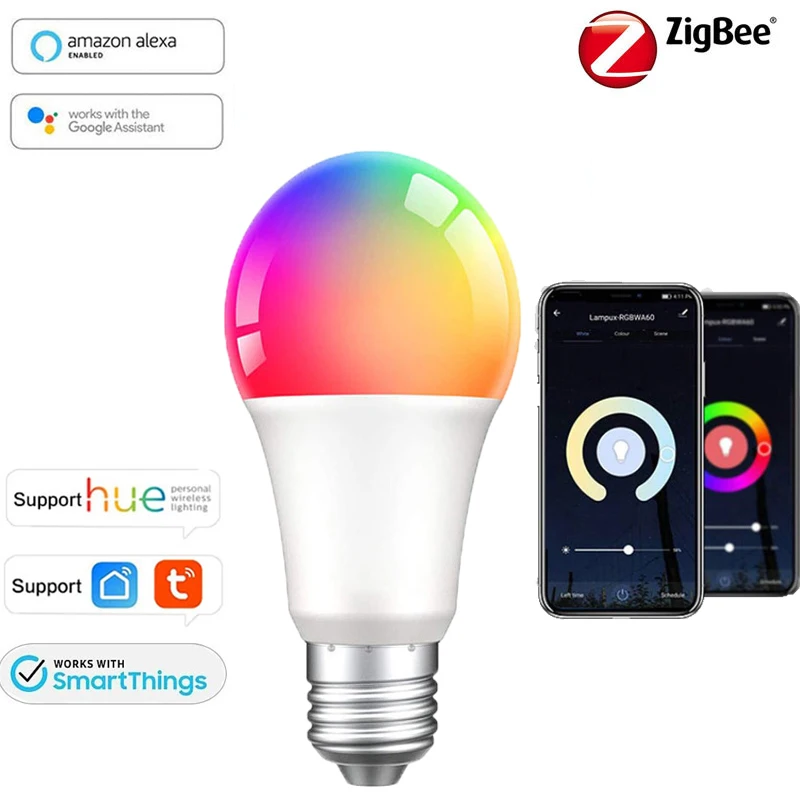 

Светодиодная лампа Tuya Zigbee 3,0, 9 Вт, 5 Вт, лампа E27, RGBCW, лампа для умного дома с регулируемой яркостью, с голосовым дистанционным управлением, работает с Alexa Google Home