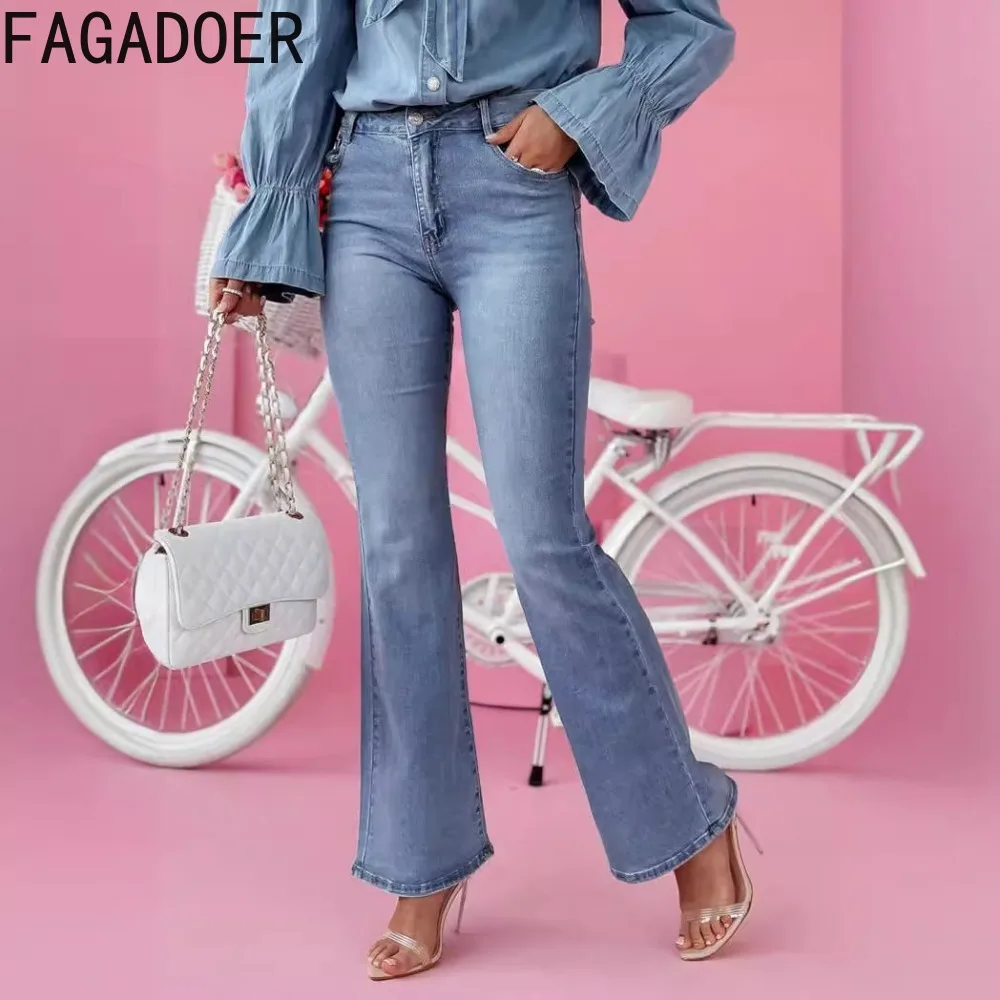 

FAGADOER Light Blue Spring New Denim Flared Pants Women High Waisted Button Pocket Skinny Jean Trousers Fashion Cowboy Bottoms