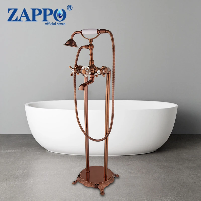 

ZAPPO Rose Gold Clawfoot Bath Shower Faucet Set Freestanding Shower Diverter Bathtub Filler Taps 2 Handle Hot Cold Water Mixer