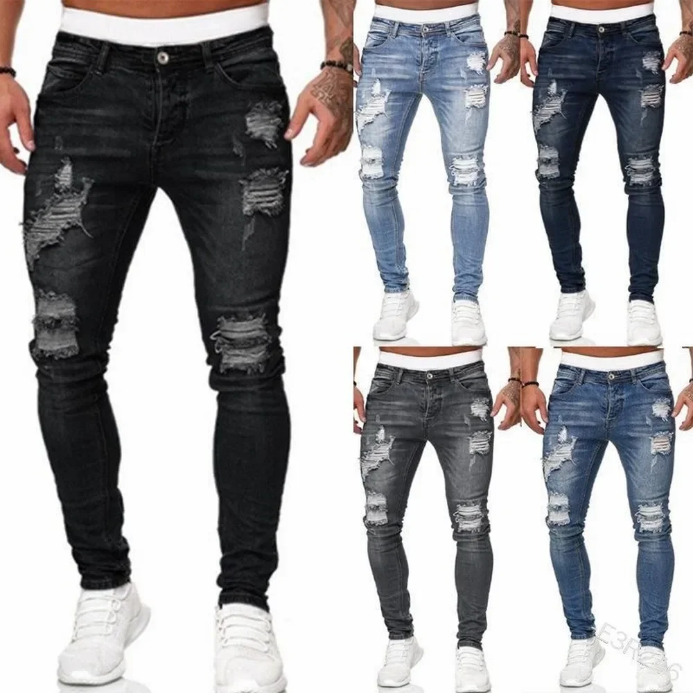 

Distressed Streetwear Ripped Skinny Jeans Men Vintage Wash Solid Elastic Biker Holes Denim Pencil Pants Casual Slim Fit Joggers