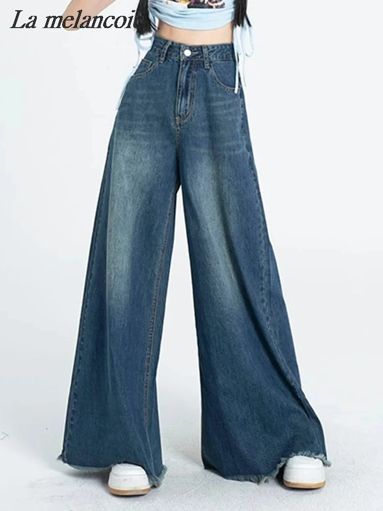 

Loose Jeans For Women 2024 Spring New Fashion Retro Burrs Tassels Straight Wide-legged Pants Y2k High Waist Casual Denim Trouser