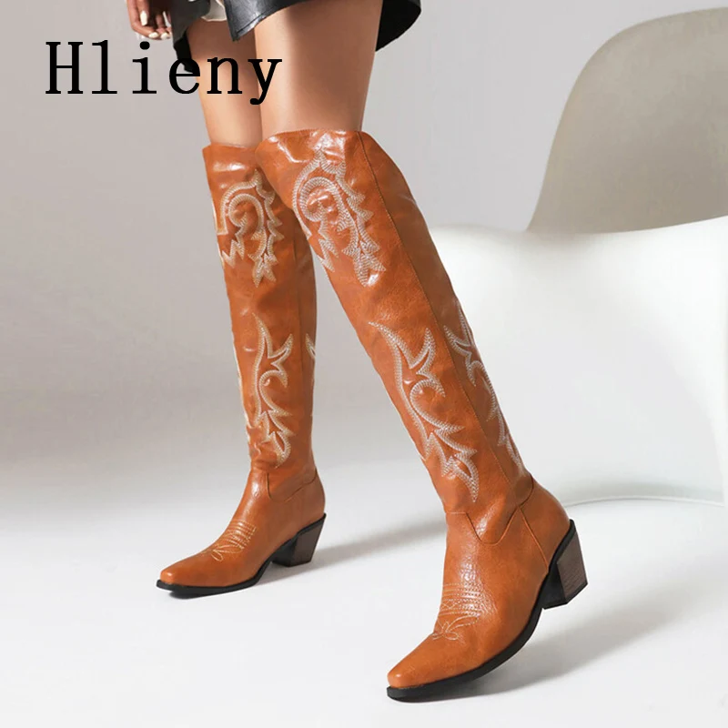 

Hlieny Western Cowboy Boots Design Soft Leather Pointed Toe Women Knee-High Boots Slip-On Low Heels Shoes Fashion Party Booties