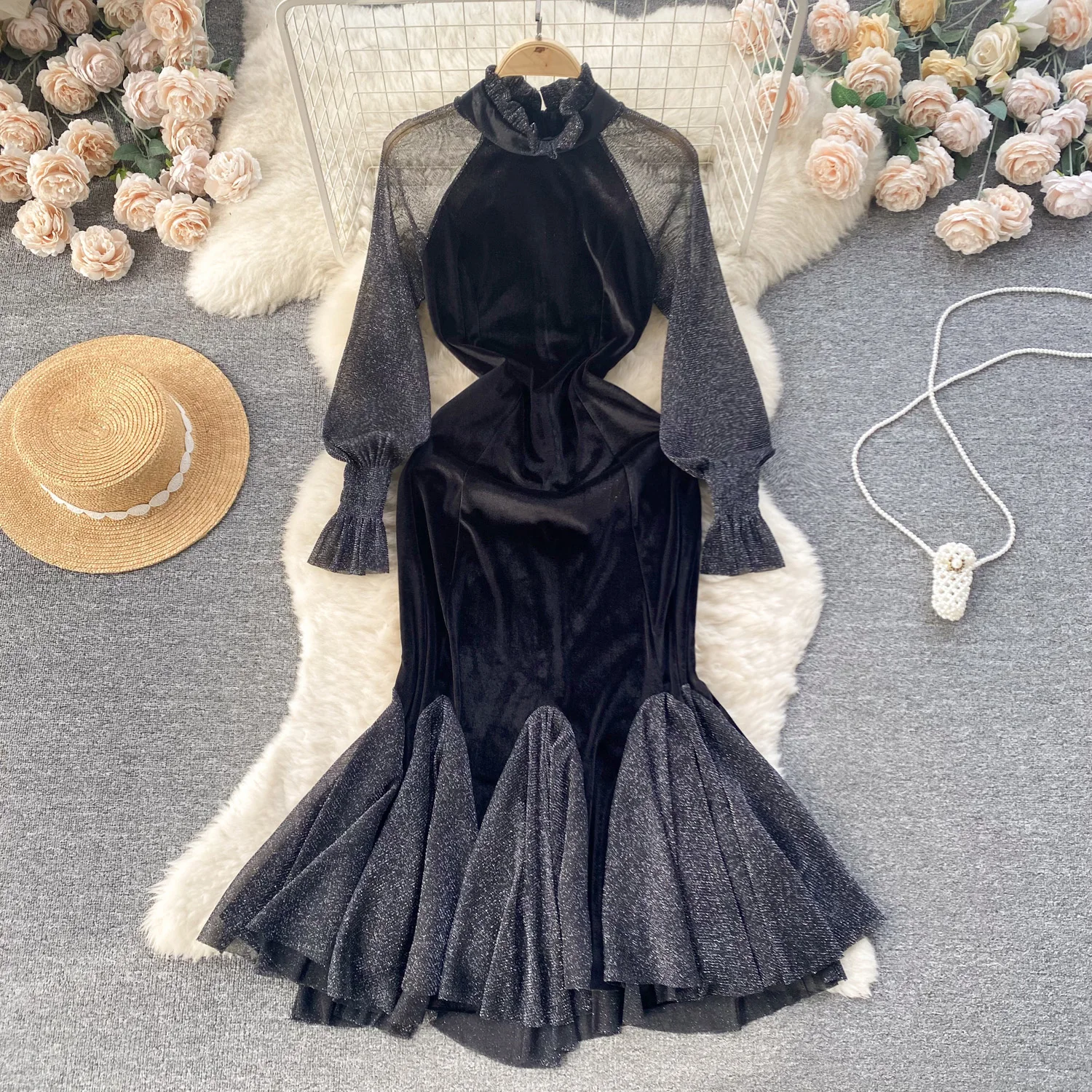 

MSHARBOR Hepburn Style Black Dress Lady Design Sense Bright Silk Gauze Patchwork Vintage Velvet Dress Temperament Fishtail Dress