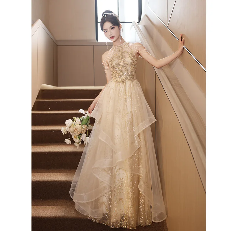 

Champagne Halter Evening Dress New Adult Ceremony Birthday Banquet Light Luxury Minority High-End Art Exam Pettiskirt